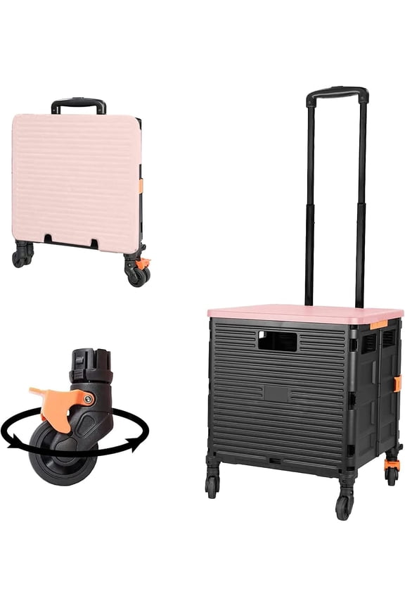 Foldable Utility Cart with Durable Heavy Duty Plastic Telescoping Handle Collapsible 4 Rotate Wheels for Travel Shopping(Black-Pink)