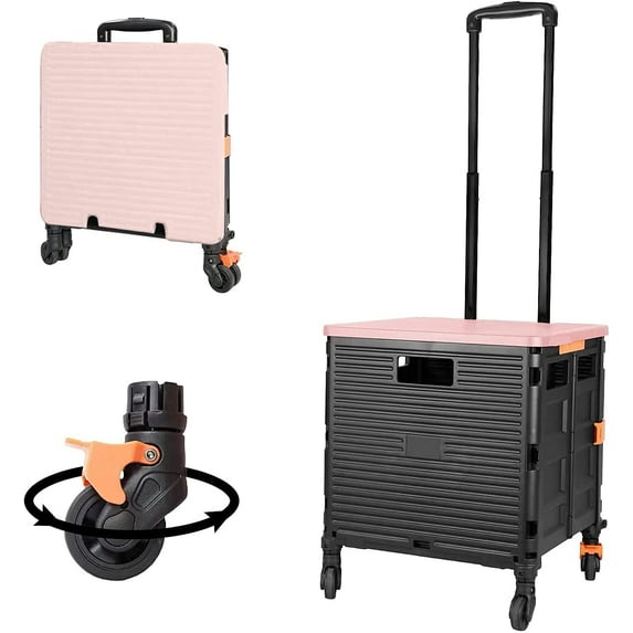 Foldable Utility Cart with Durable Heavy Duty Plastic Telescoping Handle Collapsible 4 Rotate Wheels for Travel Shopping(Black-Pink)