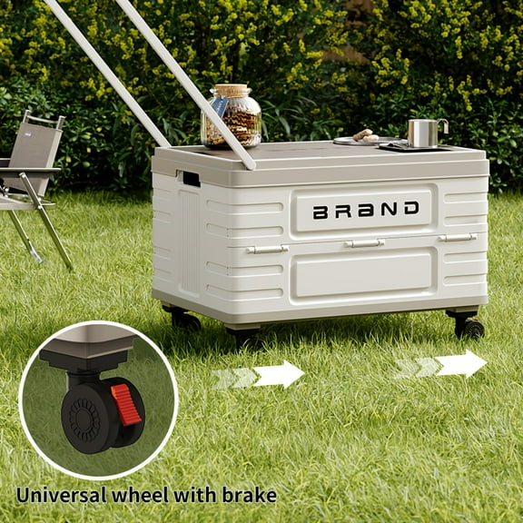 Foldable Utility Cart with Wooden Cover & 360 Wheels, Durable Plastic Portable Storage Crate for Camping, Shopping, Office, Collapsible Organizer