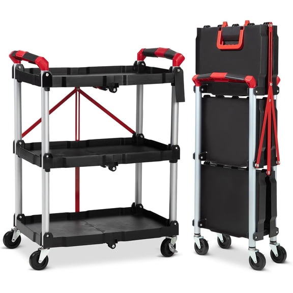 Foldable Utility Carts, 3-Tier Holds Folding Rolling Cart with Lockable Universal Wheels, Pack-N-Roll Collapsible Service Cart with Fixed Rope for Home Garage Warehouse No Assembly Require, Black
