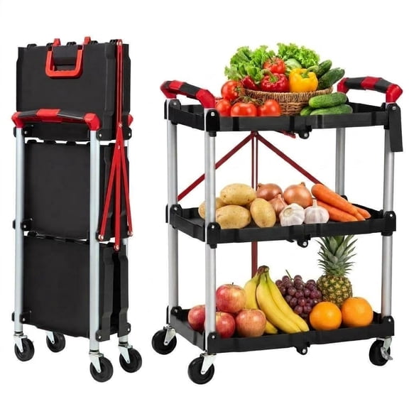 Foldable Utility Carts with Wheels, 3-Tierrolling tool cart,Collapsible Service Cart 168LB for Home, Office, Garage, and Warehouse,No Assembly Required