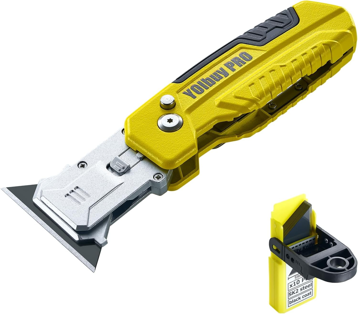 Foldable Utility Knife with Scraper Function, Holds 2 Replacement Blades, Zinc Alloy Body, 2 Replacement Blade