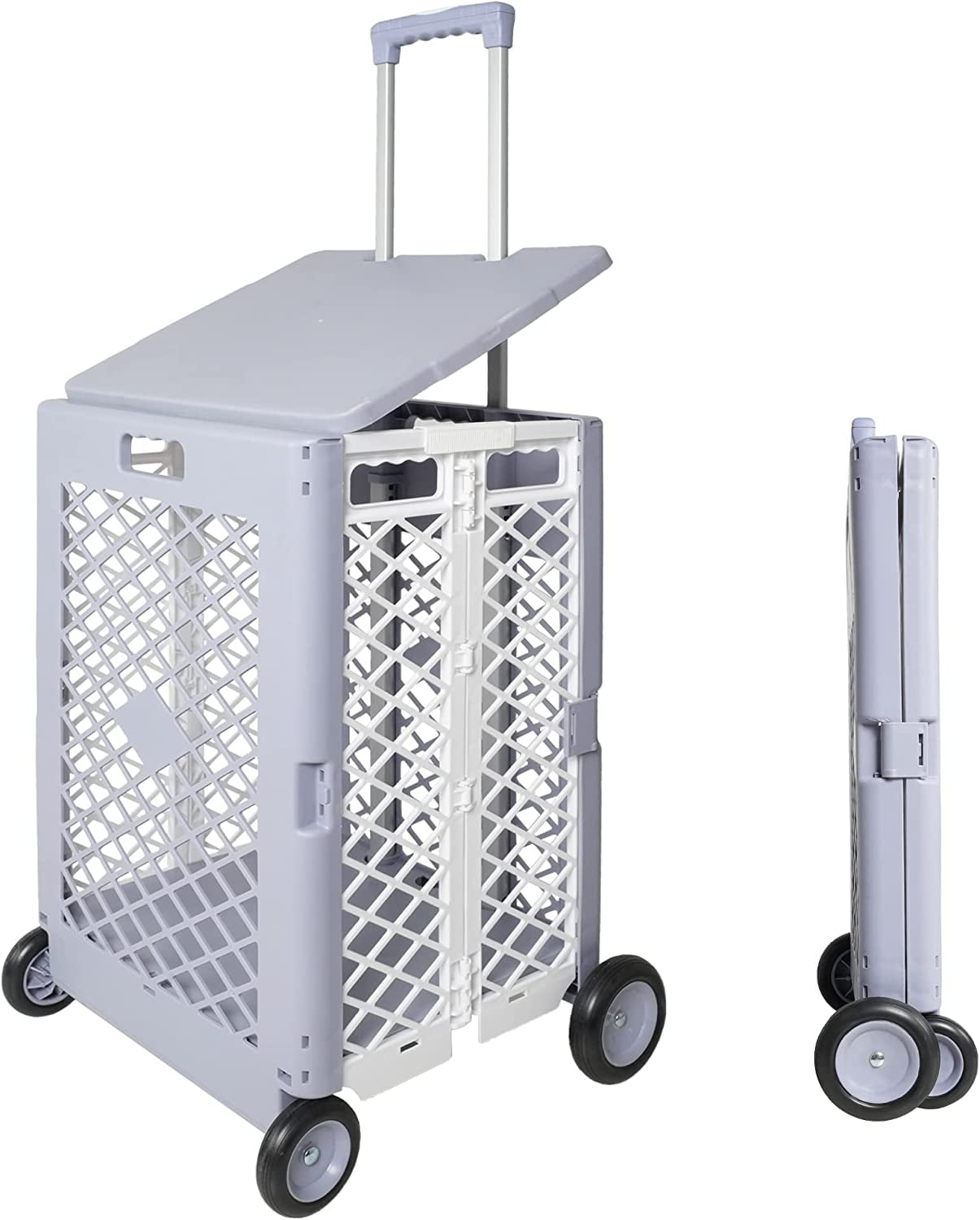 Foldable Utility Rolling Crate with Lid Wheels, Portable Shopping Cart with Durable Heavy Duty Telescopic Handle, Rolling Carts for Carrying Books, Laundry, Travel Office Use, Gray, Medium