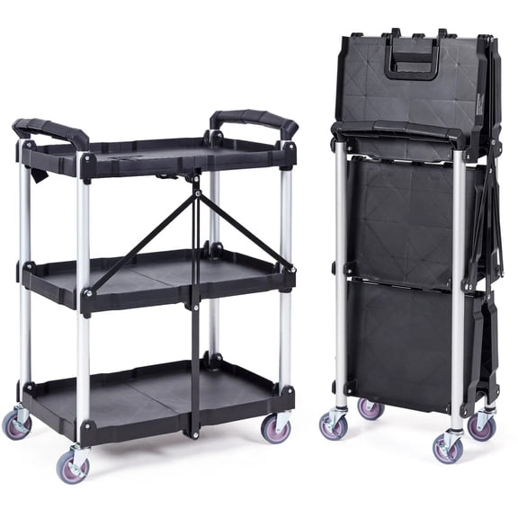 Foldable Utility Service Cart, 3 Shelf 165LBS Heavy Duty Plastic Rolling Cart with Lockable Wheels, Ergonomic Handle, Portable Garage Tool Cart for Warehouse/Office/Home