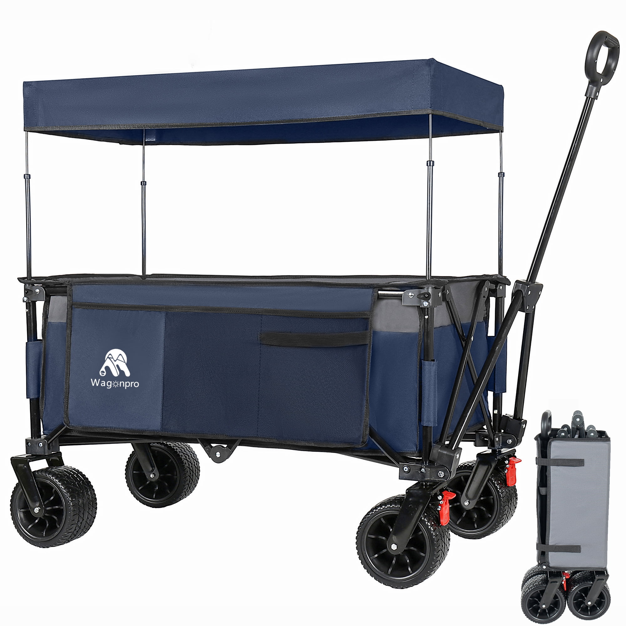 Foldable Utility Wagon with Removable Awning Canopy, 120L Large Capacity 480 LBS Heavy Duty Beach Cart, 7 Inch All-Terrain Brake Wheels Adjustable Handle for Camping Shopping Outdoor Activities