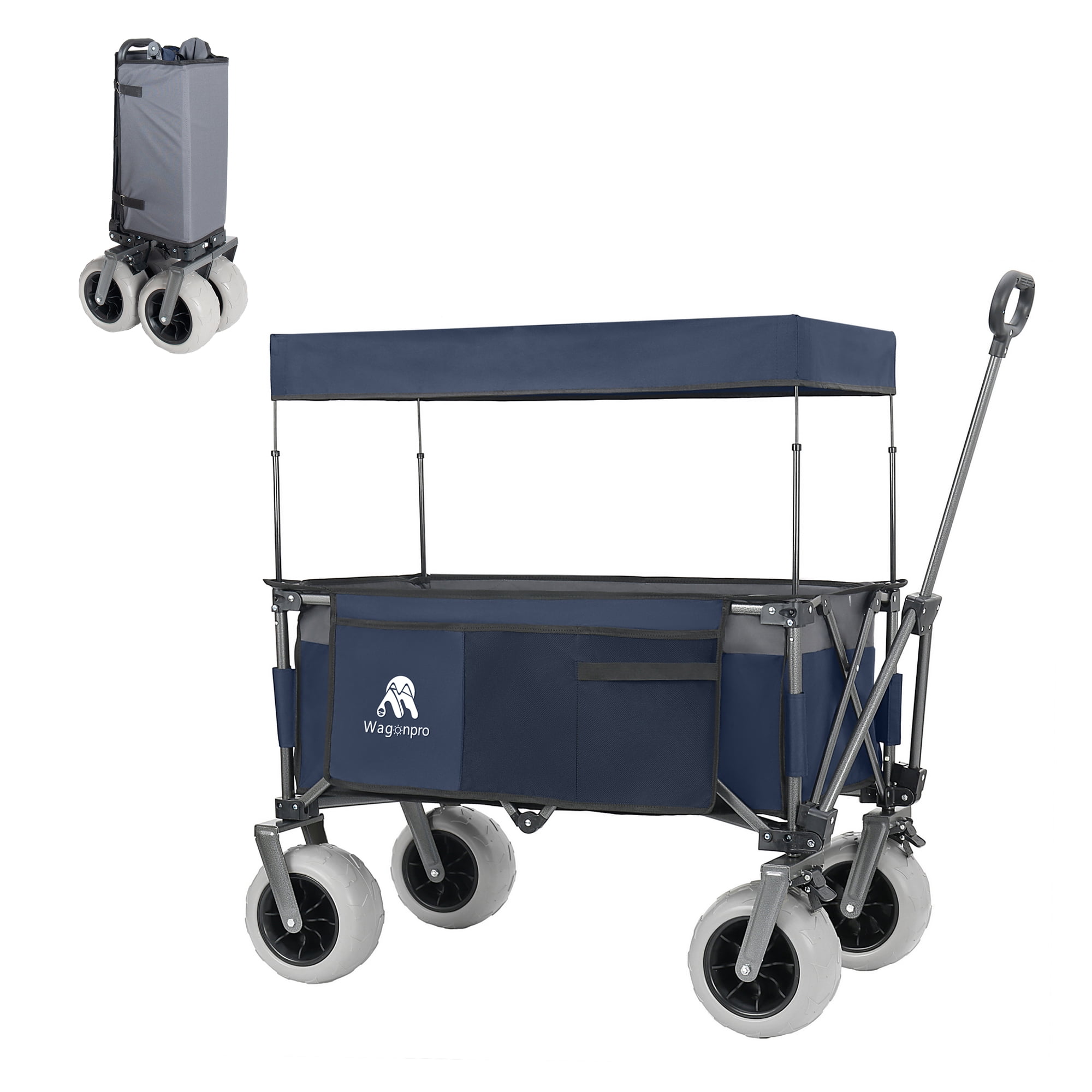 Foldable Utility Wagon with Removable Awning Canopy, 9"×4" All-Terrain Balloon Wheels, 480LBS 120L Heavy Duty Beach Cart Adjustable Handle for Camping Shopping