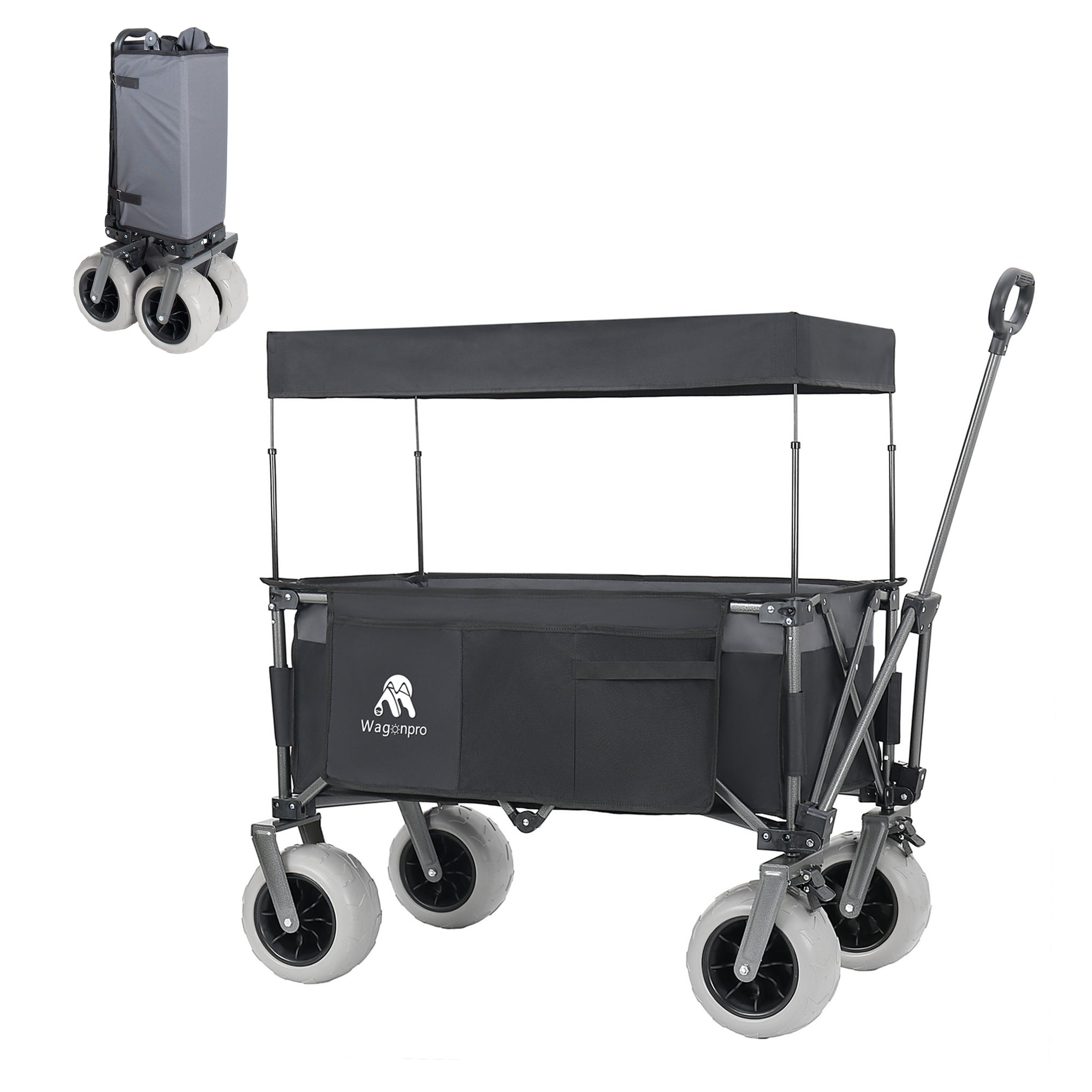 Foldable Utility Wagon with Removable Awning Canopy, 9" All-Terrain Balloon Wheels, 480LBS 120L Heavy Duty Beach Cart Adjustable Handle for Camping Shopping Outdoor Use