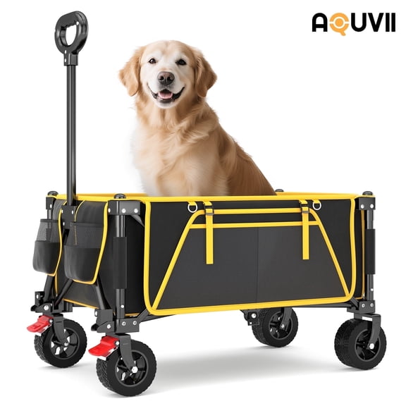 Foldable Mini Wagon with Brakes, Evitormill Collapsible Camping Garden Cart and Side Pocket for Camping,Picnic,Grocery, Black+Yellow