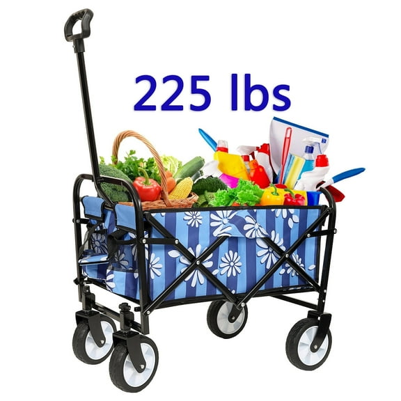 Foldable Wagon, 225lb Weight Grocery Cart on Wheels, Beach Wagon with Strapping System for Grocery Camping Garden Sports Shopping Fishing, Blue