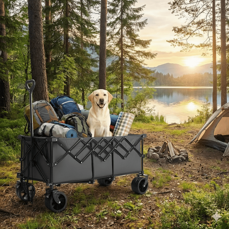 Foldable Wagon with 48" Cargo Platform, 440lbs Heavy Duty Collapsible Extended Utility Cart with All Terrain Wide Wheels & Brakes, Large Capacity Beach Wagon for Camping, Gardening, Pets, Black
