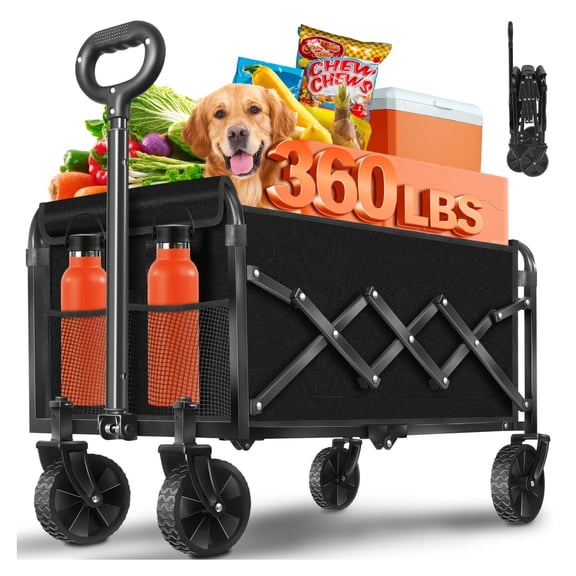 Foldable Wagon Cart with Wheels - Collapsible Beach Wagon for Beach, Camping, Sports - 360lbs Capacity, 2 Cup Holders - Portable Folding Wagon