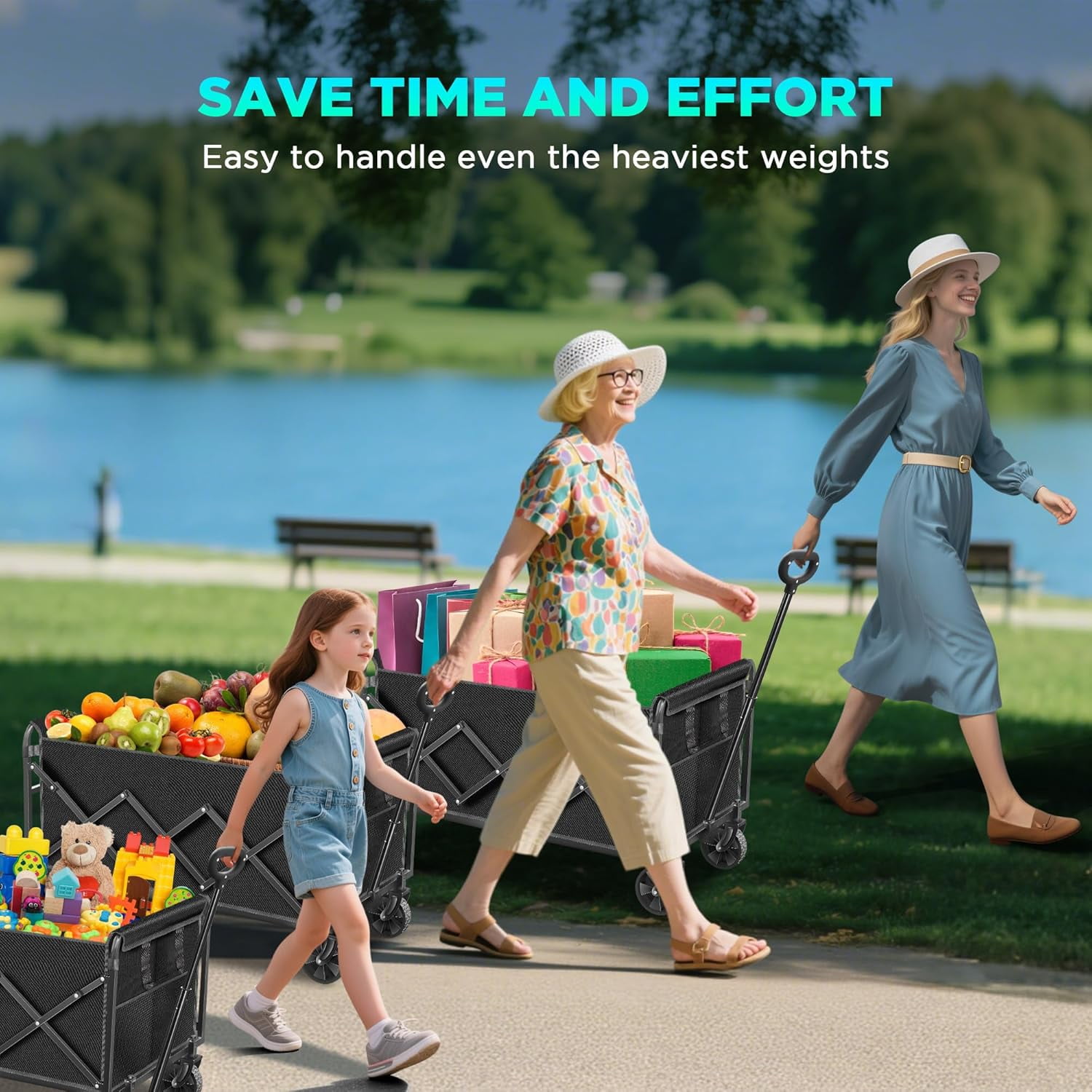 Foldable Wagon Cart with Wheels, Heavy Duty Collapsible Garden Cart for ...