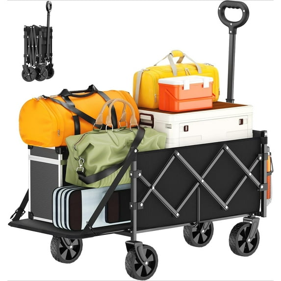 Foldable Wagon with Extended Tailgate: Collapsible Large Capacity Folding Wagon - Heavy Duty Utility Carts for Shopping,Garden,,Groceries,Apartment,Camping,Outdoor - Black