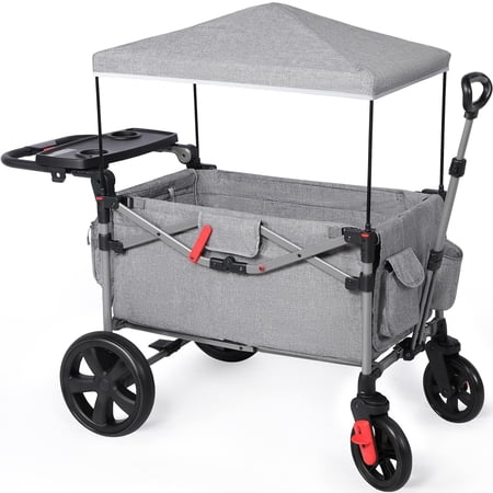 EVER ADVANCED Foldable Wagon Stroller for Two Kids & Toddler with Adjustable Pull & Push Handle, Removable Canopy with 5-Point Harness, Gray