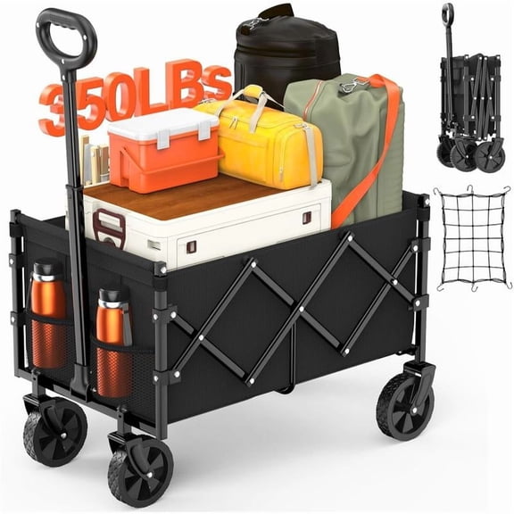 Foldable Wagon with Wheels, Portable Heavy Duty Collapsible Beach Cart - Large Capacity Utility Wagon for Shopping, Sports, Camping，Garden，Grocery  Black