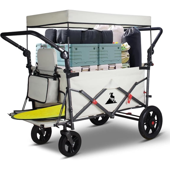 Foldable Wagon with Canopy - Collapsible Utility Cart with 2 Seats & Belts, Adjustable Handle, Expandable Front for Camping, Picnic, Shopping (Beige)