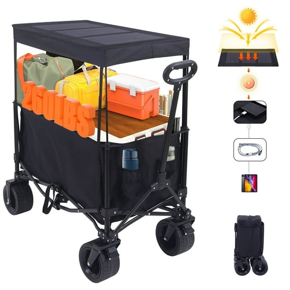 Foldable Wagon with Solar Panel Canopy, USB & Type-C Ports, All-Terrain Wheels, Removable Sunshade, Compact Design for Beach & Outdoor Use