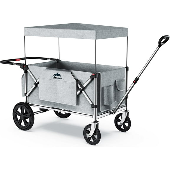 Foldable Wagons for Two Kids & Cargo, with 5-Point Harnesses,Adjustable Push/Pull Handle, Removable Sun Canopy, One-Step Locking Design, Suitable for Family Travel, Two Children Ride, Gift