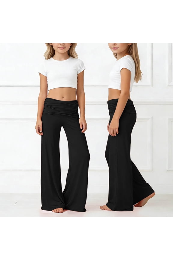 Foldable Waist Pleated Yoga Pants For Girls Summer 2026 Pure Color Wide Leg Loose Casual Trousers Polyester Fabric is soft and breathable For Everyday Comfort Back To School Clothes 5-14Y