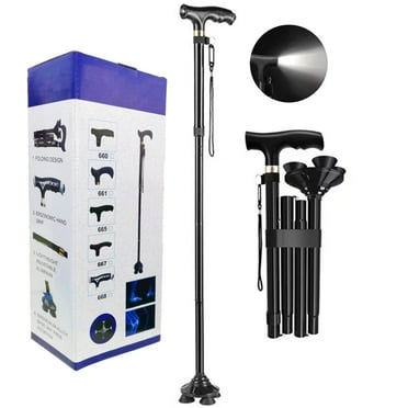 Foldable Walking Cane, T Handle Portable Adjustable Folding Canes for Seniors Men Women, 360 Pivoting Quad Rubber Base