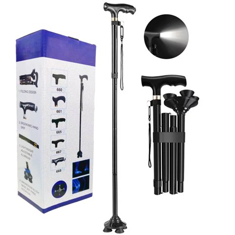 MoonSun Foldable Walking Cane, T Handle Portable Adjustable Folding Canes for Men Women Home, 360 Pivoting Quad Rubber Base