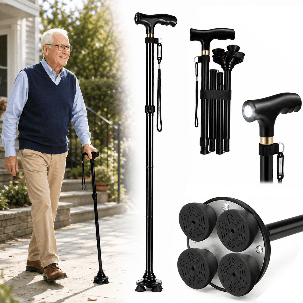 MoonSun Foldable Walking Cane for Seniors, Adjustable Aluminum Walking Cane with Quad Base, LED Light, Wrist Strap, Portable Folding Cane for Men & Women