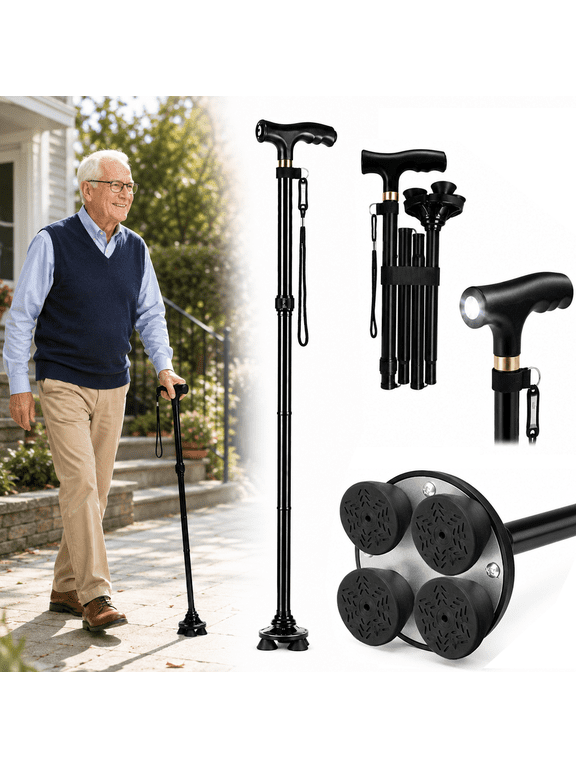 Foldable Walking Cane for Seniors, Adjustable Aluminum Walking Cane with Quad Base, LED Light, Wrist Strap, Portable Folding Cane for Men & Women