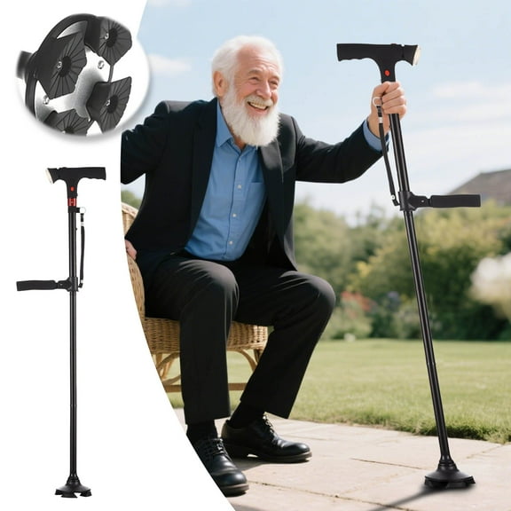 Foldable Walking Cane with LED Light & Alarm Adjustable Height Lightweight Secure Cane for Seniors Daily Support All-Terrain Mobility