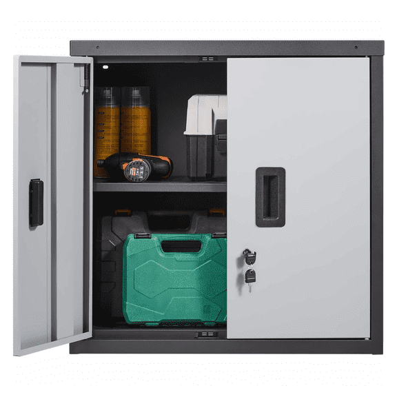 Foldable Wall Cabinet Metal Garage Cabinet 26" Wall Mounted 240 LBS Capacity Adjustable Shelf Magnetic Lock for Garage Office Home Black