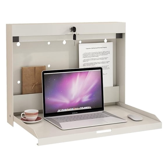 Foldable Wall Desk with 20" W x 13" D Work Surface, Fold Down Floating Wall Mounted Laptop Computer Table, Lockable Industrial Shop Corner Folding Workstation for Office & Factory, White