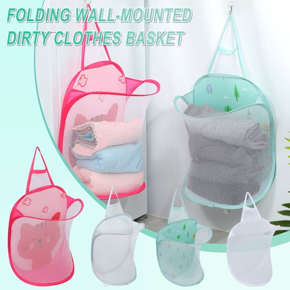 Foldable Wall Hanging Mesh Laundry Hamper, Breathable Nylon Dirty Clothes Basket with Self-Adhesive Hook, Space-Saving Laundry Organizer with Handle, Sturdy Storage Bin for Bathroom, Bedroom & Dorm