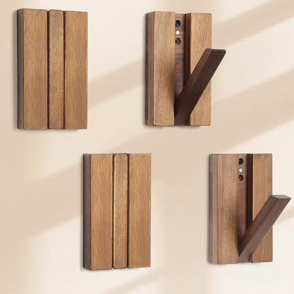 Foldable Wall Hooks 4Pack: Rustic Wooden Coat Hooks Mounted for Heavy Duty Hanging Towels Backpack Bags Hats, Space Saving Minimalist Decorative Hooks for Aesthetic Homeowners