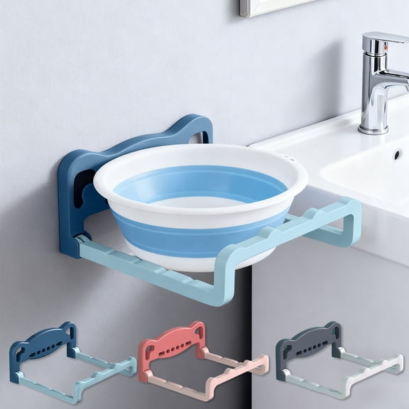 Foldable Wall-Mounted Basin Holder Rack | Space Saving Bathroom Storage Organizer – No Drill Strong PVC, Collapsible, Water Resistant, Easy Clean, Red/White/Blue, 22x21x5.5cm