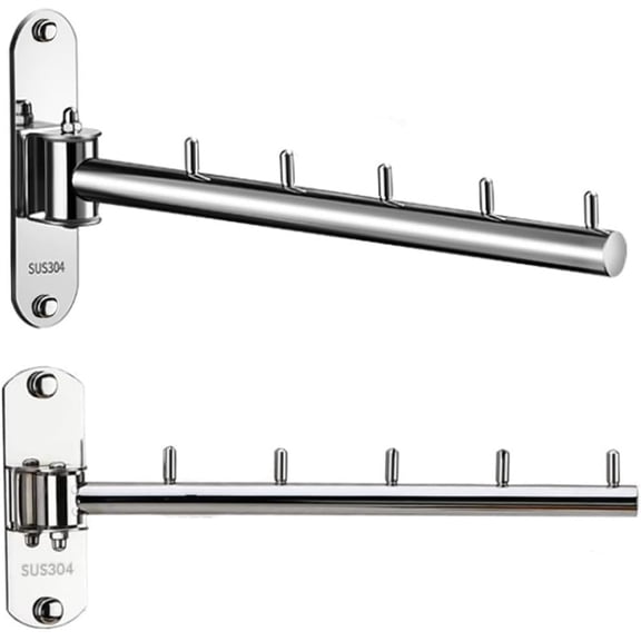 Foldable Wall Mounted Clothes Hanger Racks, Clothes Drying Rack Swing Arm for Laundry Room, Space Saving Clothing Hooks Holders, Stainless Steel 304 Hanging Hook Valet Rod 2 Pack (Silver)