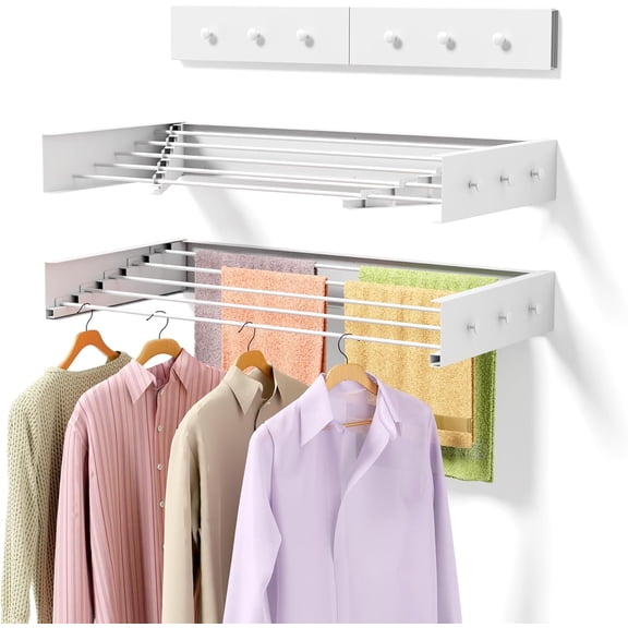 Foldable Wall-Mounted Drying Rack with 6 Hooks, 31.5 Inch White Metal Laundry Organizer for Indoor or Outdoor Use