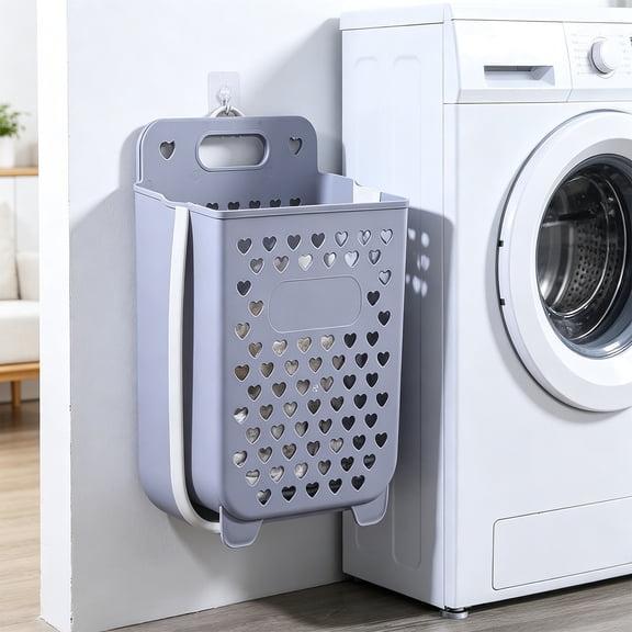 Foldable Wall Mounted Laundry Basket 16x12.6x10 Inch - Collapsible Hanging Storage Hamper with 2 Free Hooks for Bathroom, Bedroom, Space Saving Dirty Clothes Organizer