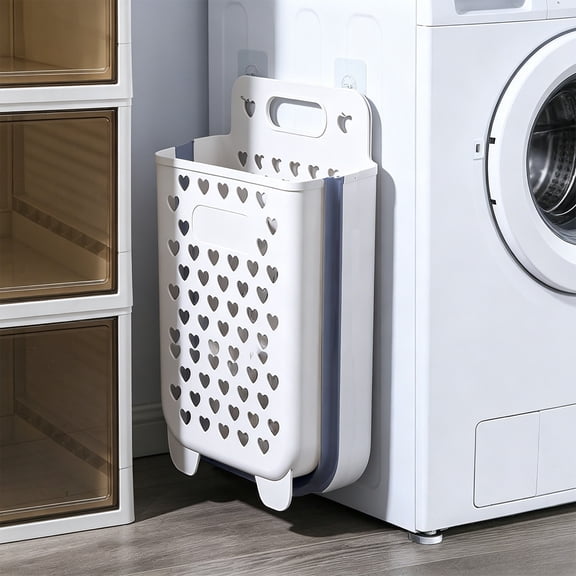 Foldable Wall Mounted Laundry Basket 16x12.6x10 Inch - Collapsible Hanging Storage Hamper with 2 Free Hooks for Bathroom, Bedroom, Space Saving Dirty Clothes Organizer
