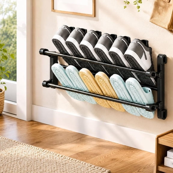 Foldable Wall-Mounted Shoe Rack Space-Saving Hanging Shoe Organizer | DrillFree PunchFree Sturdy Durable Compact Neat Tidy Vertical Flat Minimalist Modern Easy Install Stick Lightweight(11.8in)