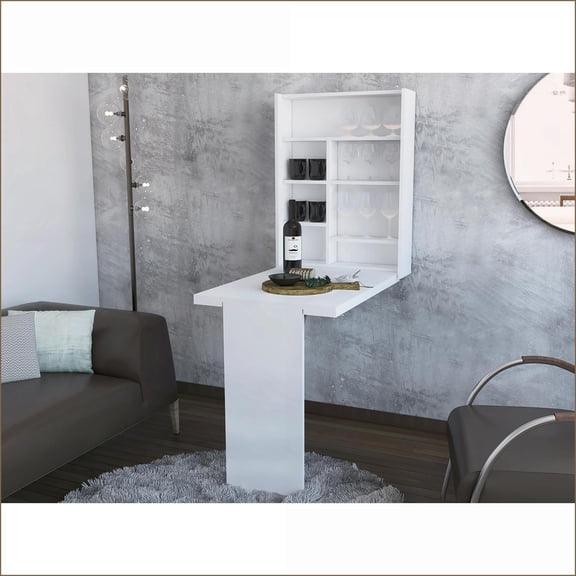 Foldable Wall-Mounted Table with 7-Shelf Hutch | 30H x 23.6W | White | Engineered Wood