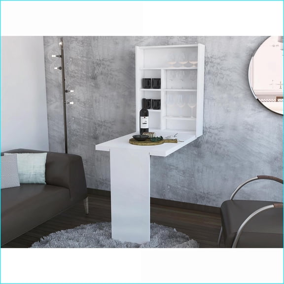 Foldable Wall-Mounted Table with 7-Shelf Hutch | Space-Saving | White | Engineered Wood