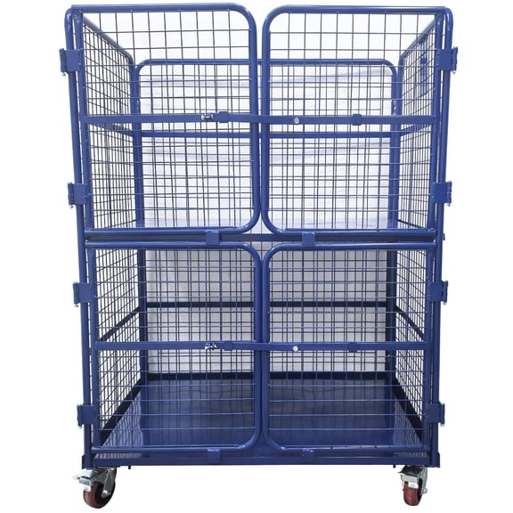Foldable Warehouse Logistics Trolley Collapsible Steel Transport Cart with Four Dense Mesh Small Doors