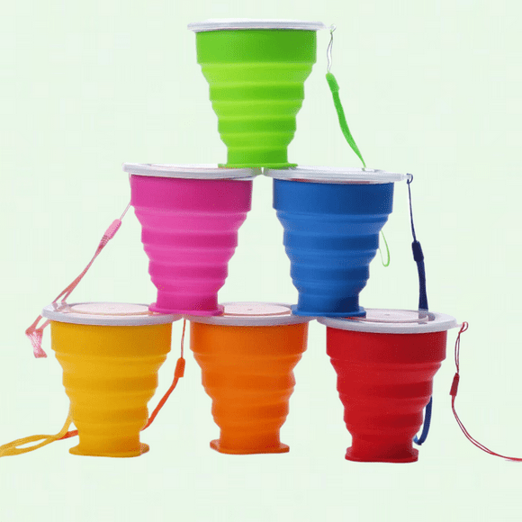Foldable Water Cup, 6Packs Portable Collapsible Silicone Cup with Measuring Inside, Stainless Steel Rim, Hanging Design - Ideal for Outdoor Activities