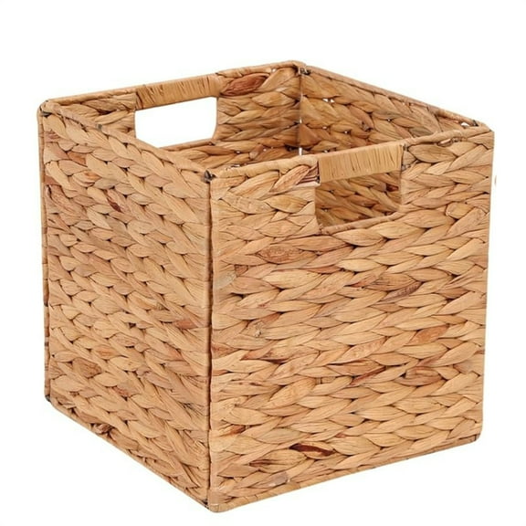 Foldable Water Hyacinth Basket,12x12" Large Wicker Storage Basket,Foldable Laundry Organizer with Built-in Handles,Woven Rattan Storage Bin with Removable Liners,for Shelves Pantry 1Pcs