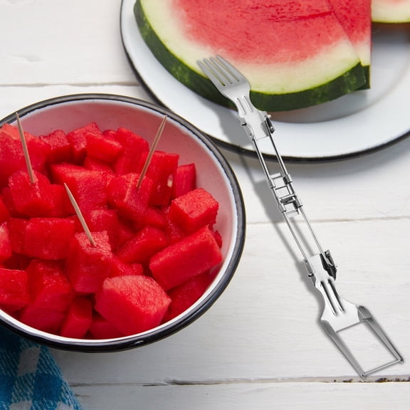 Foldable Watermelon Slicer & Fork, 2-in-1 Stainless Steel Cutter, Portable Fruit Divider, Easy Cut & Serve Tool for Melons, Pineapple