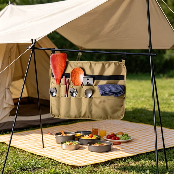 Foldable Waterproof Camp Kitchen Organizer with Multi-Pockets - Hanging Utensil Storage Bag for Outdoor Picnic, BBQ, RV Travel