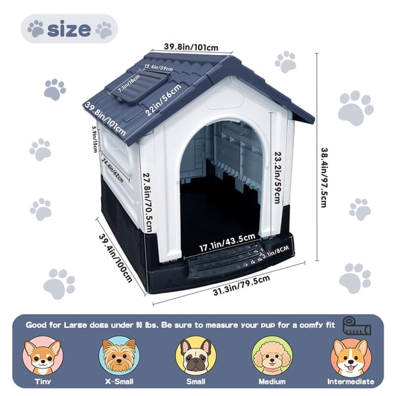 Foldable Waterproof Dog House – Plastic Outdoor Pet House with Adjustable Skylight & Elevated Base – For Yard, Patio, Indoor – Easy Assembly