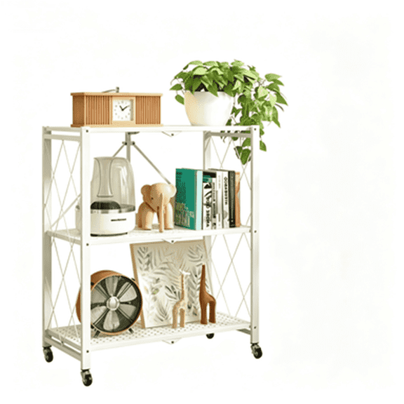 Zehiseta Folding Metal Storage Shelf 3 Tier Collapsible Rolling Rack with Brake Wheels 28.15x15.55x34.25 Inch White 1 Pack