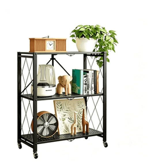Storage Shelving Unit 3 Tier Foldable Carbon Steel with Lockable Rolling Wheels for Kitchen Pantry Living Room 27.4x12x34.25 Inch Black