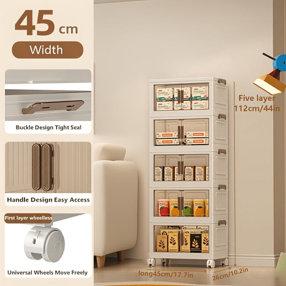 Foldable Wheeled Plastic Storage Cabinet with Lid & Double Doors, Heavy-Duty Space-Saving Rack for Home Office, Wine Bottles & Boxes