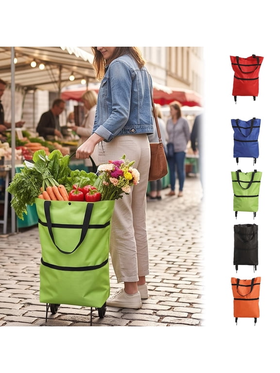 Foldable Wheeled Shopping Tote Bag, Portable Rolling Grocery Bag with Wheels, Expandable Reusable Tote for Supermarket, Market, Picnic, Travel